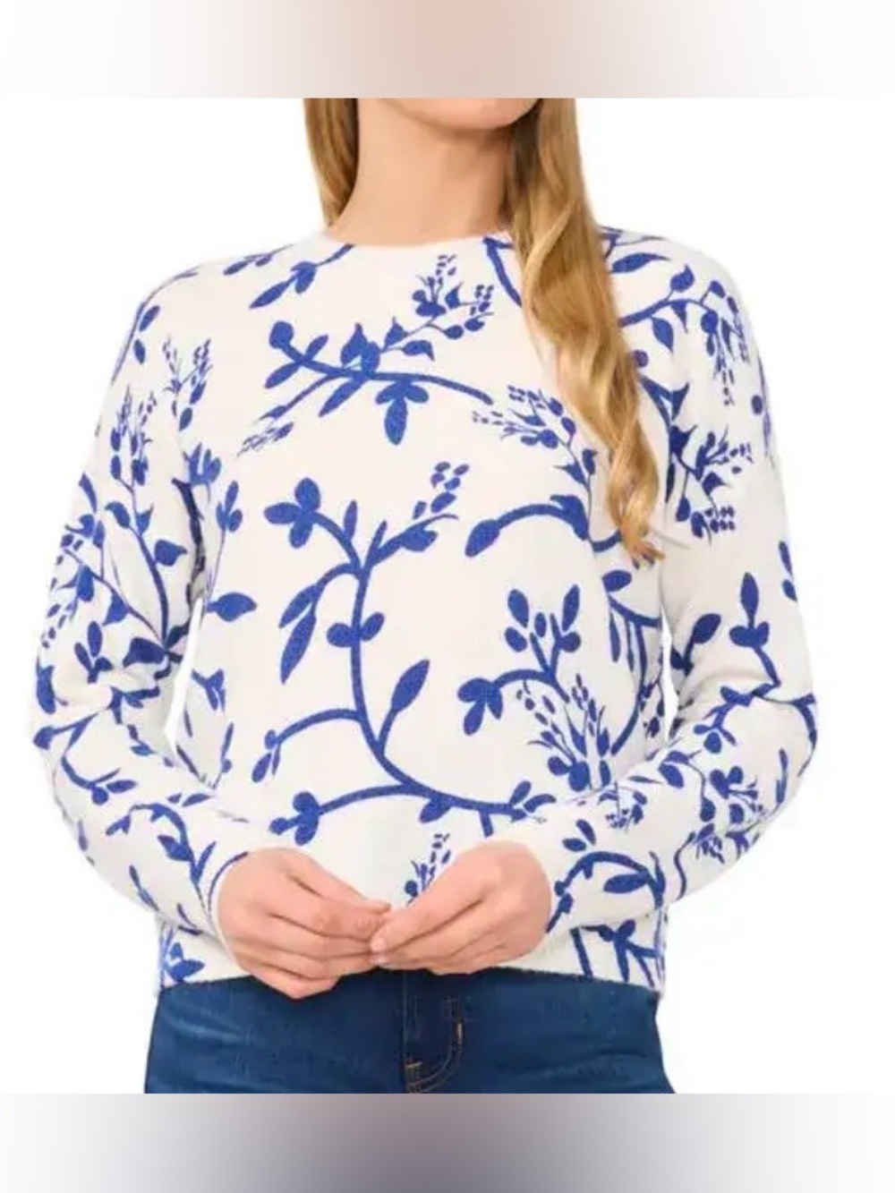 CeCe Dupraz Off White with Blue Floral Vines Crewneck Long Sleeve Sweater Size M